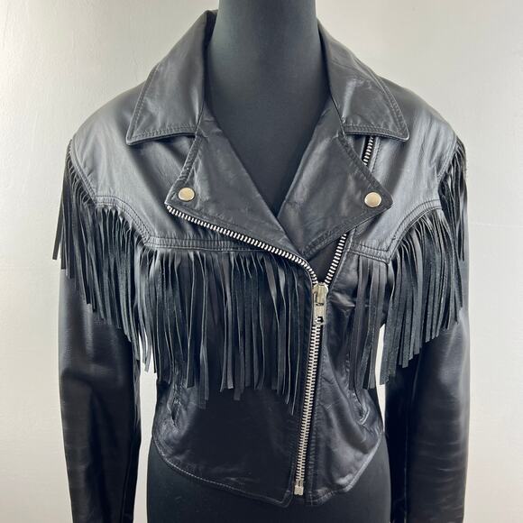VINTAGE Fidelity Black Cropped Moto Jacket Leather Fringed Notch Lapel Zip 12 - Picture 3 of 11